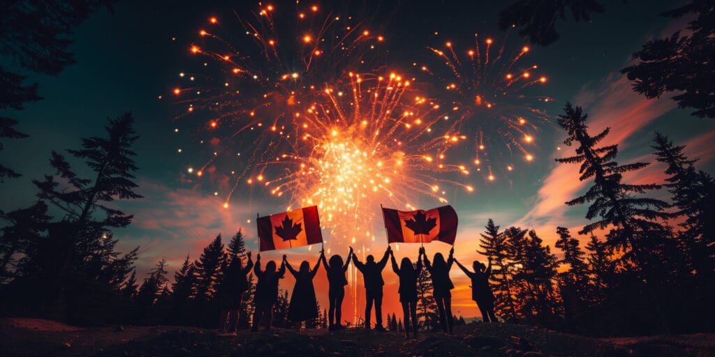 People celebrating with Canadian flags and fireworks. Canada Day.